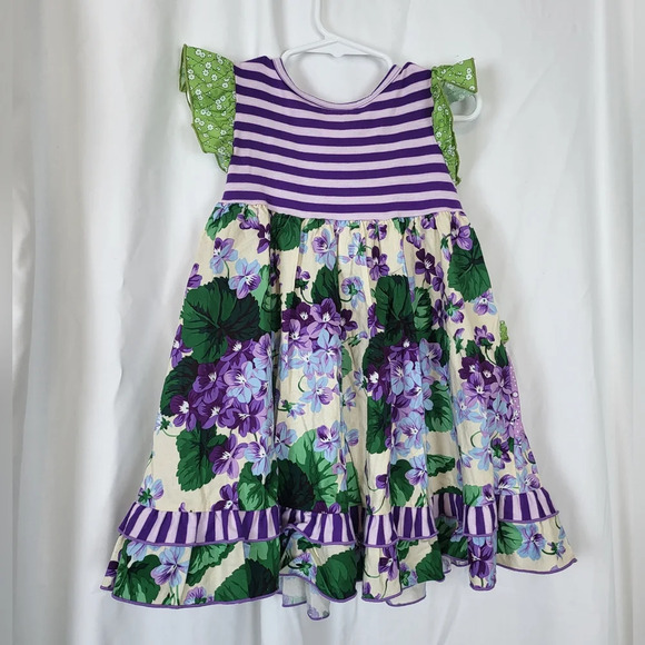 Gurlybird Purple Green Beige Floral‎ Striped Ruffle Cotton Dress Set Size 2T - Picture 6 of 10